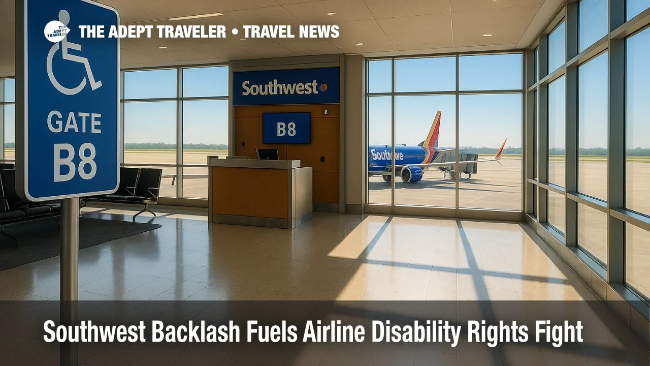 A Southwest gate area with clear signage and wide aisle space, illustrating accessible air travel and airline disability rights during busy operations.
