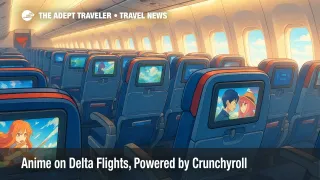 Bright anime-style airline cabin shows Delta seat-back screens streaming Crunchyroll, highlighting anime on Delta flights for in-flight entertainment.