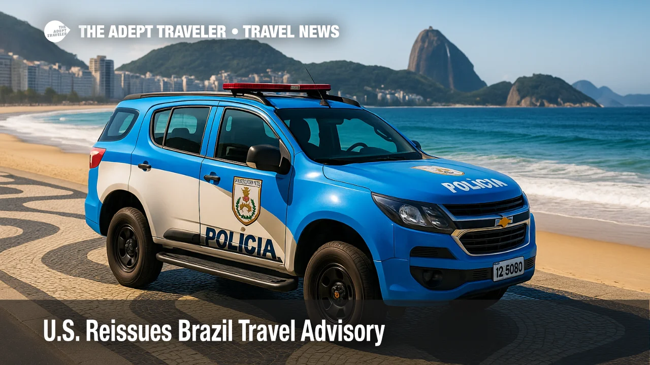 A marked police vehicle patrols Copacabana's promenade at midday, illustrating safety in Rio de Janeiro and the updated Brazil travel advisory guidance.