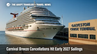Carnival Breeze at Galveston cruise terminal under clear skies as dry dock schedule shifts prompt early 2027 Carnival Breeze cancellations.