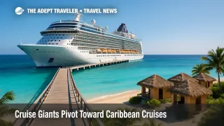 A contemporary cruise ship docks at a private Caribbean island with cabanas and clear water, highlighting growth in Caribbean cruises.