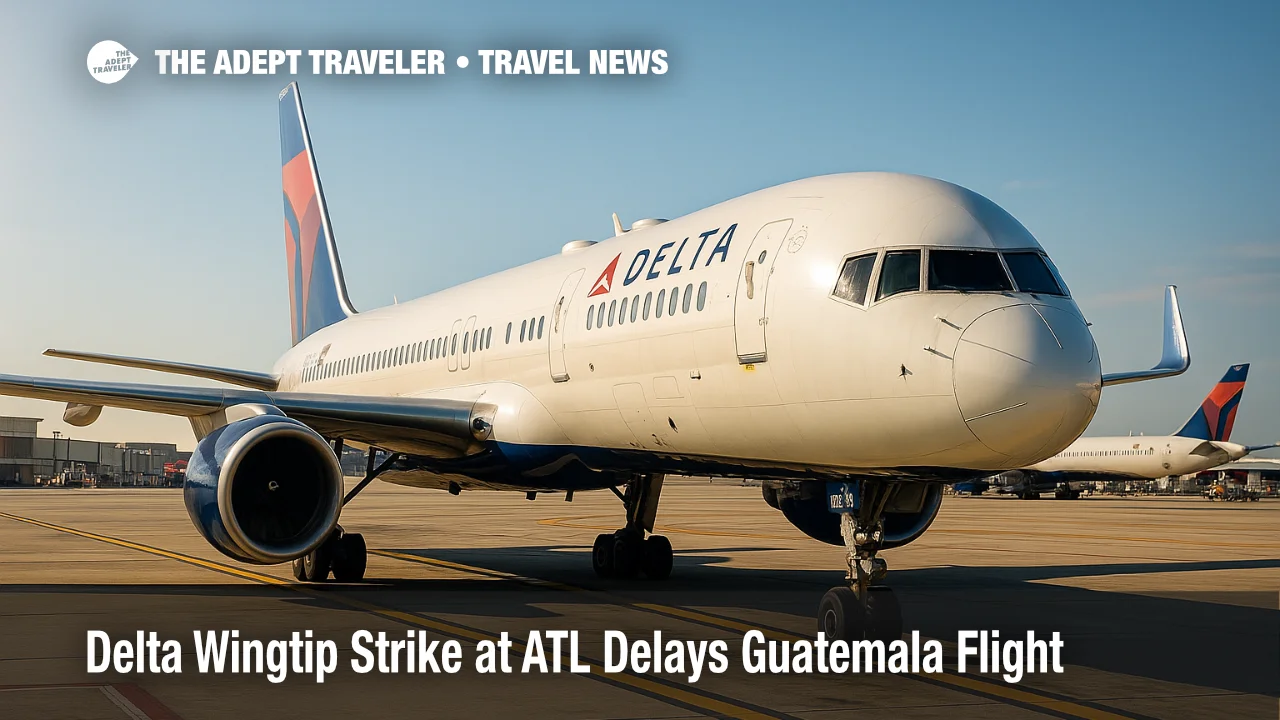 A Delta jet sits at an Atlanta airport gate after a minor ground incident, illustrating ramp operations and a flight delay for travelers. ([FOX 5 Atlanta][1])