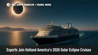 Holland America ship under a darkened sky near Iceland as totality reveals the solar corona, illustrating premium solar eclipse cruises.
