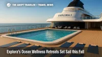 A serene deckside yoga area on EXPLORA I under clear skies, illustrating Explora Journeys' ocean wellness retreats with mats set beside a calm pool.