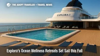 A serene deckside yoga area on EXPLORA I under clear skies, illustrating Explora Journeys' ocean wellness retreats with mats set beside a calm pool.