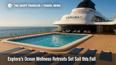 A serene deckside yoga area on EXPLORA I under clear skies, illustrating Explora Journeys' ocean wellness retreats with mats set beside a calm pool.