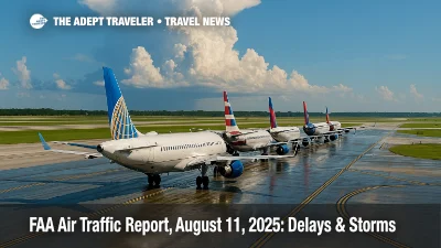 Line of narrow-body jets waiting to depart a Florida hub as storms build, illustrating FAA air traffic report delays and summer thunderstorm impacts.