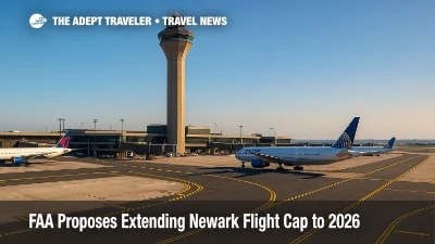 Newark Liberty International Airport ramp and tower on a clear day, illustrating FAA schedule relief and the Newark flight cap proposals.