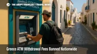 A traveler withdraws cash from a Greek bank ATM as new rules cap third-party charges and remove Greece ATM withdrawal fees across DIAS machines.