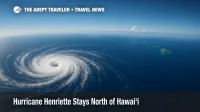 Satellite-style view of compact Hurricane Henriette far northwest of Hawai'i, illustrating low risk to Hawaii travel and modest east-shore surf impacts.