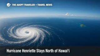 Satellite-style view of compact Hurricane Henriette far northwest of Hawai'i, illustrating low risk to Hawaii travel and modest east-shore surf impacts.