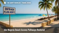A newly cleared Playa Norte access with a five-meter surf-line walkway shows improved Isla Mujeres beach access and better space for pedestrians.