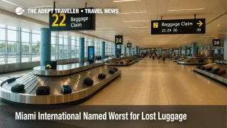 Wide view of Miami International baggage claim as lost luggage rankings trend, with carousels, overhead signs, and travelers' suitcases in motion.