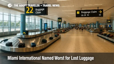 Wide view of Miami International baggage claim as lost luggage rankings trend, with carousels, overhead signs, and travelers' suitcases in motion.