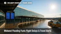 Rain-slicked terminal curbside at O'Hare with glowing departure boards, illustrating flight delays and Midwest flooding impacts on air travel.