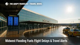 Rain-slicked terminal curbside at O'Hare with glowing departure boards, illustrating flight delays and Midwest flooding impacts on air travel.