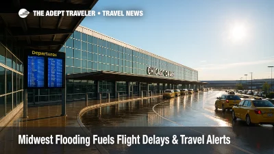 Rain-slicked terminal curbside at O'Hare with glowing departure boards, illustrating flight delays and Midwest flooding impacts on air travel.