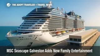 MSC Seascape docked at Galveston's new terminal with pool decks and family entertainment areas visible, highlighting MSC Seascape Galveston debut.