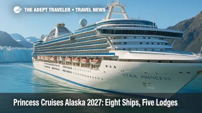 Star Princess glides past a bright tidewater glacier in Southeast Alaska, illustrating Princess Cruises Alaska 2027 with Inside Passage scenery.
