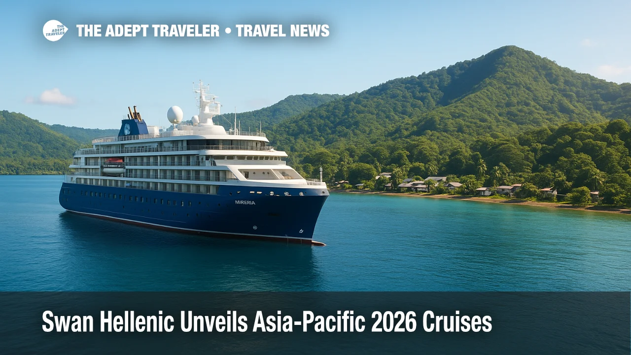 SH Minerva at anchor near a tropical shoreline, framed by lush hills, illustrating Swan Hellenic Asia-Pacific cruises and culture-focused expedition travel.