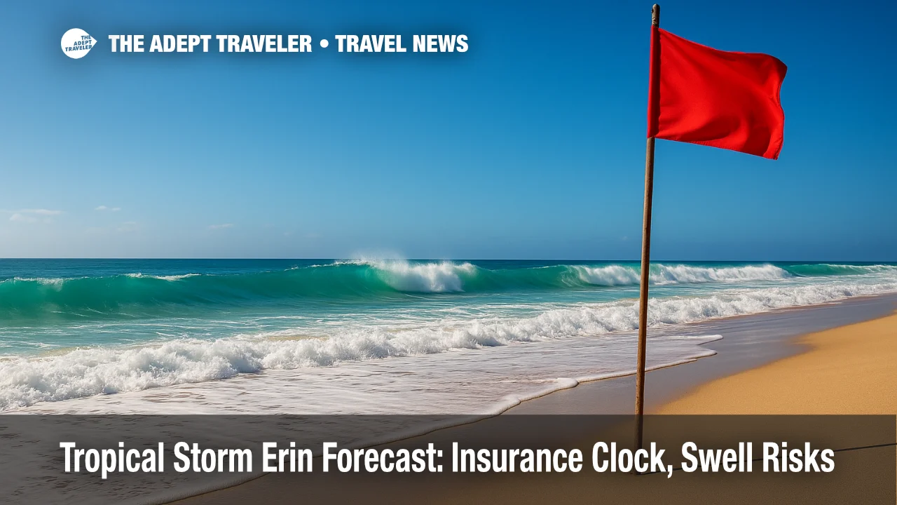 Powerful Atlantic swell and a red beach-flag warning in the Lesser Antilles, highlighting rip-current risk and the tropical storm erin forecast for late-week.