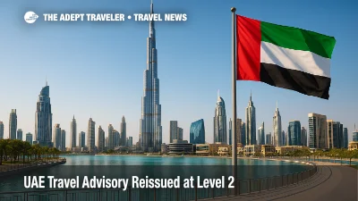 A wide view of Dubai's Burj Khalifa and downtown skyline at midday, illustrating the current UAE travel advisory and regional Middle East travel context.