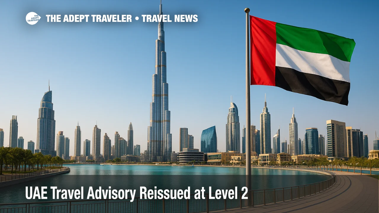 A wide view of Dubai's Burj Khalifa and downtown skyline at midday, illustrating the current UAE travel advisory and regional Middle East travel context.