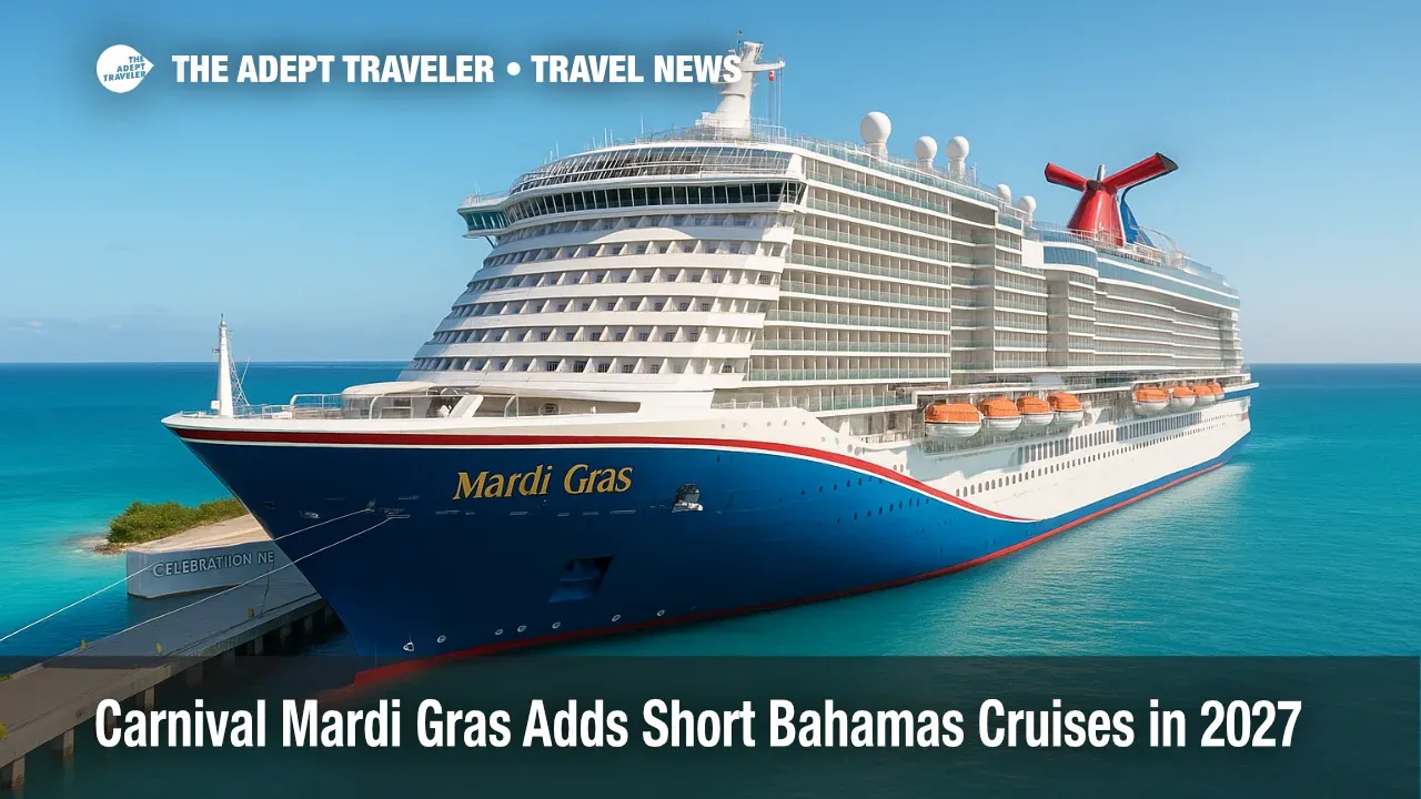 Carnival Mardi Gras docked at Celebration Key under clear skies, highlighting new short Bahamas cruises starting May 2027.