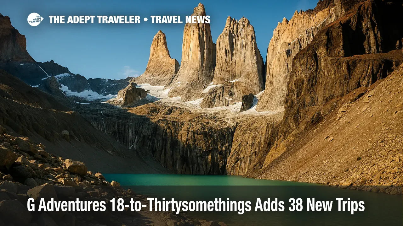 Backpackers' view of turquoise lake below the granite towers in Torres del Paine, a classic G Adventures 18-to-Thirtysomethings trek.