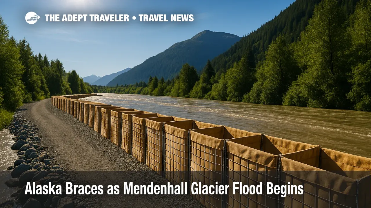 HESCO barriers line the Mendenhall River in Juneau as a glacial lake outburst raises water levels during the Mendenhall Glacier flood.