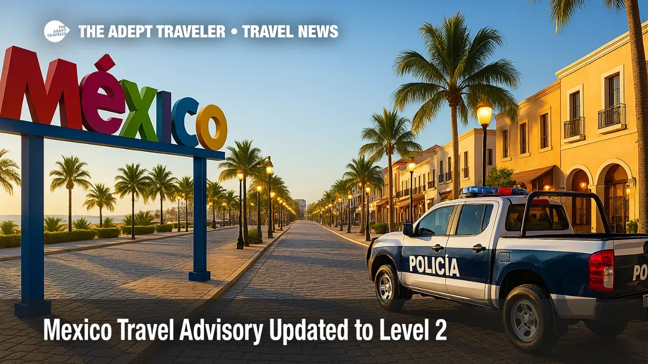 Sunlit Mexico resort street with Mexico sign and police pickup by a lit promenade, illustrating the Mexico travel advisory.