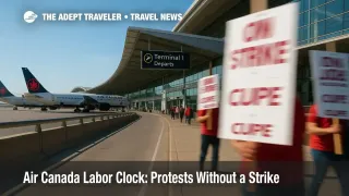 Terminal curbside at Toronto Pearson with Air Canada tailfins and blurred picket signs, illustrating the Air Canada labor clock and protests without a strike.
