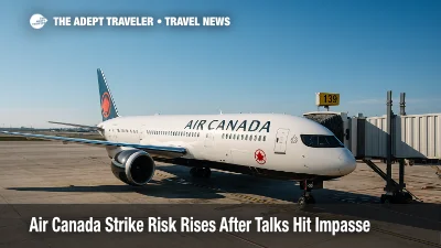 An Air Canada jet at a Toronto gate under clear skies as travelers face uncertainty from the Air Canada strike labor dispute.