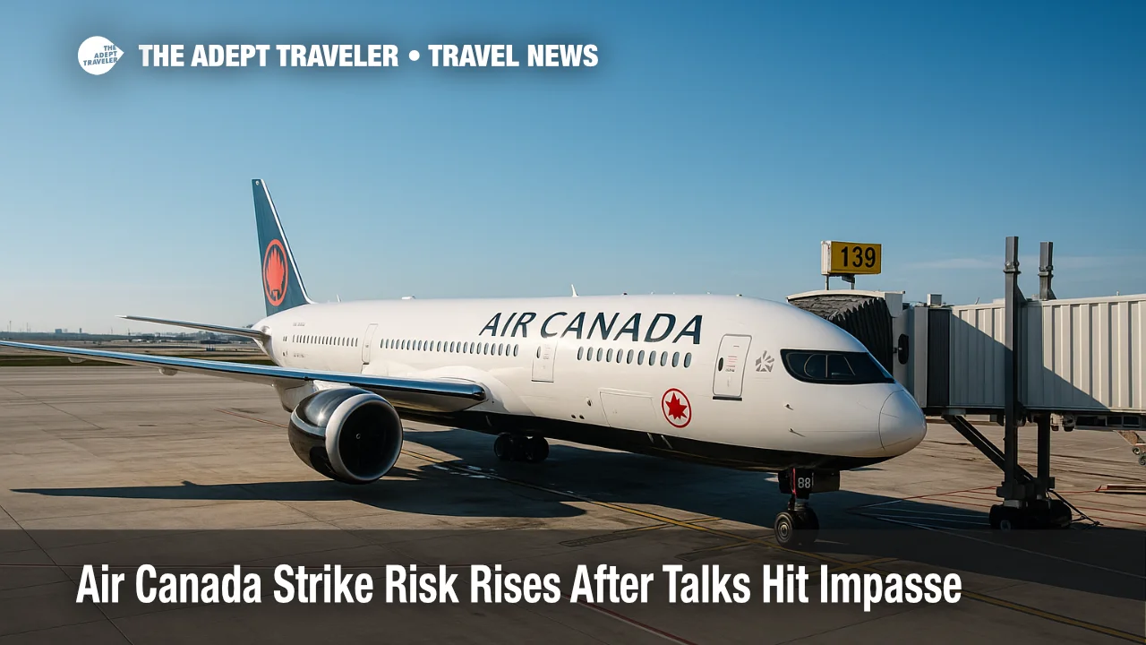 An Air Canada jet at a Toronto gate under clear skies as travelers face uncertainty from the Air Canada strike labor dispute.