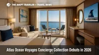 A bright, modern Junior Suite with veranda aboard a luxury expedition yacht, part of the Atlas Ocean Voyages Concierge Collection.