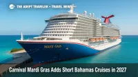 Carnival Mardi Gras docked at Celebration Key under clear skies, highlighting new short Bahamas cruises starting May 2027.