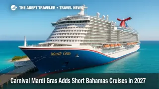 Carnival Mardi Gras docked at Celebration Key under clear skies, highlighting new short Bahamas cruises starting May 2027.