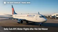 A Delta jet at a LaGuardia gate on a clear morning, illustrating FAA slot waiver effects and the Delta cuts NYC winter flights story.