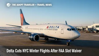 A Delta jet at a LaGuardia gate on a clear morning, illustrating FAA slot waiver effects and the Delta cuts NYC winter flights story.