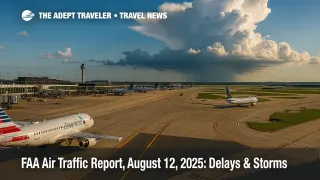 Developing thunderstorms over Chicago O'Hare with aircraft on the ramp, illustrating weather-driven ground stops in today's FAA air traffic report.