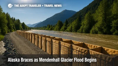 HESCO barriers line the Mendenhall River in Juneau as a glacial lake outburst raises water levels during the Mendenhall Glacier flood.