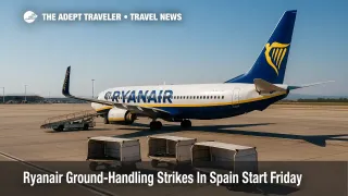 Ryanair ground-handling strikes in Spain shown by a Ryanair jet on a busy ramp with baggage carts at Barcelona-El Prat.