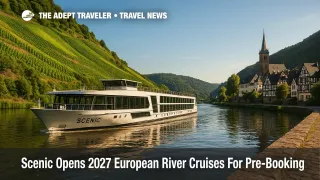Scenic-style river ship glides past vineyard hills and a half-timbered town, highlighting European river cruises and early pre-booking.