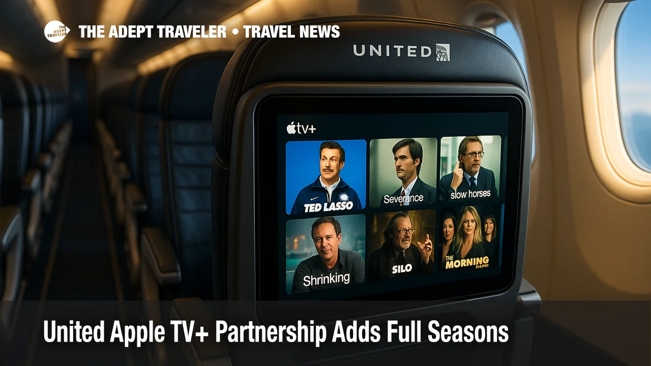 United seatback screens display Apple TV+ shows, highlighting the United Apple TV+ partnership and upgraded inflight entertainment with larger 4K OLED displays.