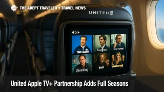 United seatback screens display Apple TV+ shows, highlighting the United Apple TV+ partnership and upgraded inflight entertainment with larger 4K OLED displays.