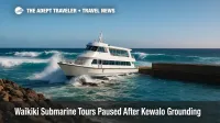 Grounded shuttle boat secured near Kewalo Basin as south-shore surf pounds the Ala Moana entrance, pausing Waikiki submarine tours and prompting ongoing salvage work.