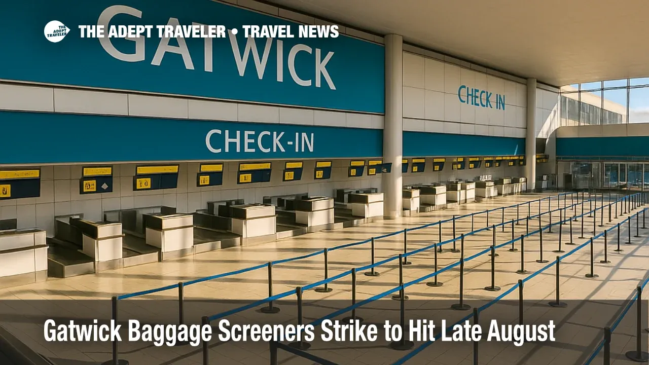 A wide view of Gatwick's check-in hall and baggage belts during peak season, illustrating delays from the Gatwick baggage screeners strike.