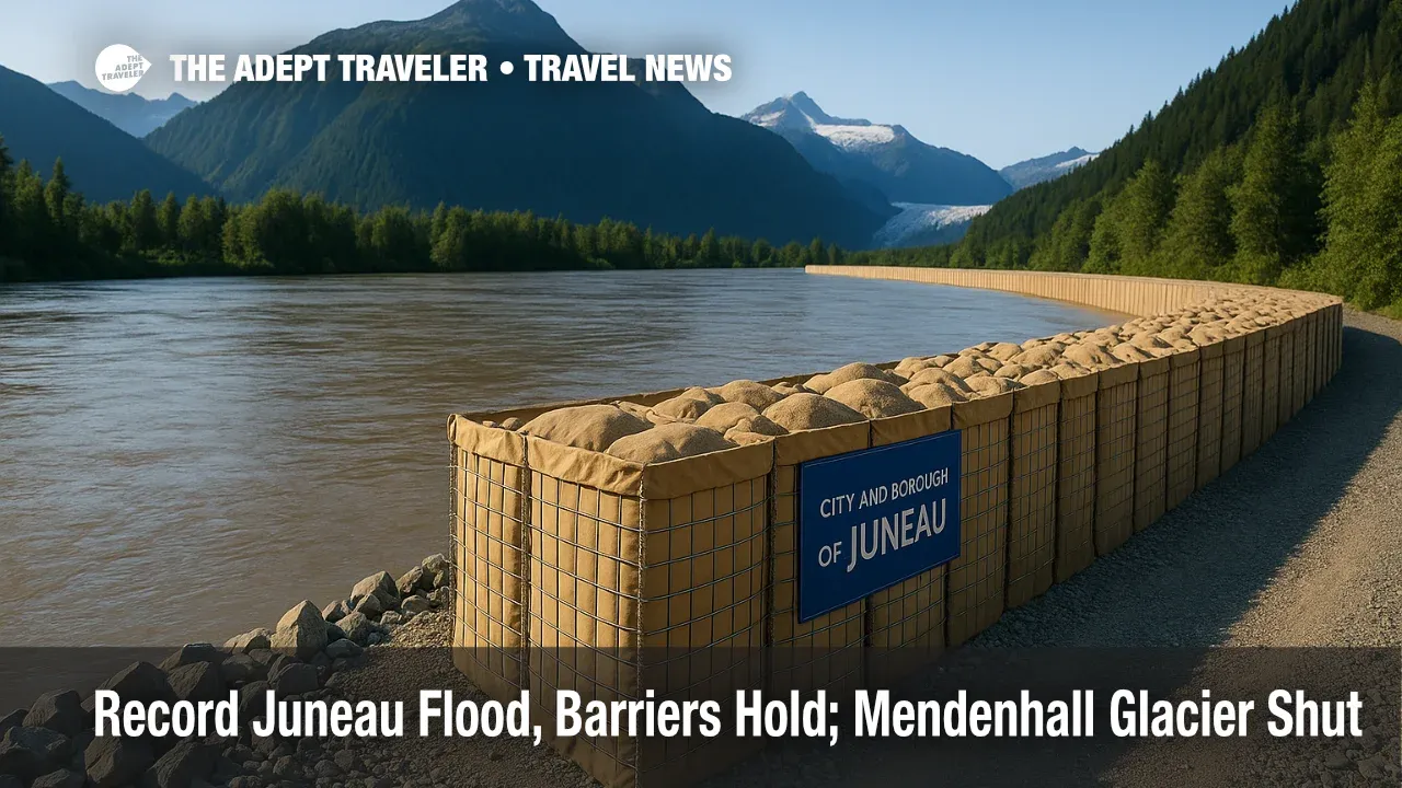 Temporary barriers line the Mendenhall River as a record glacial outburst flood closes the Mendenhall Glacier recreation area near Juneau.
