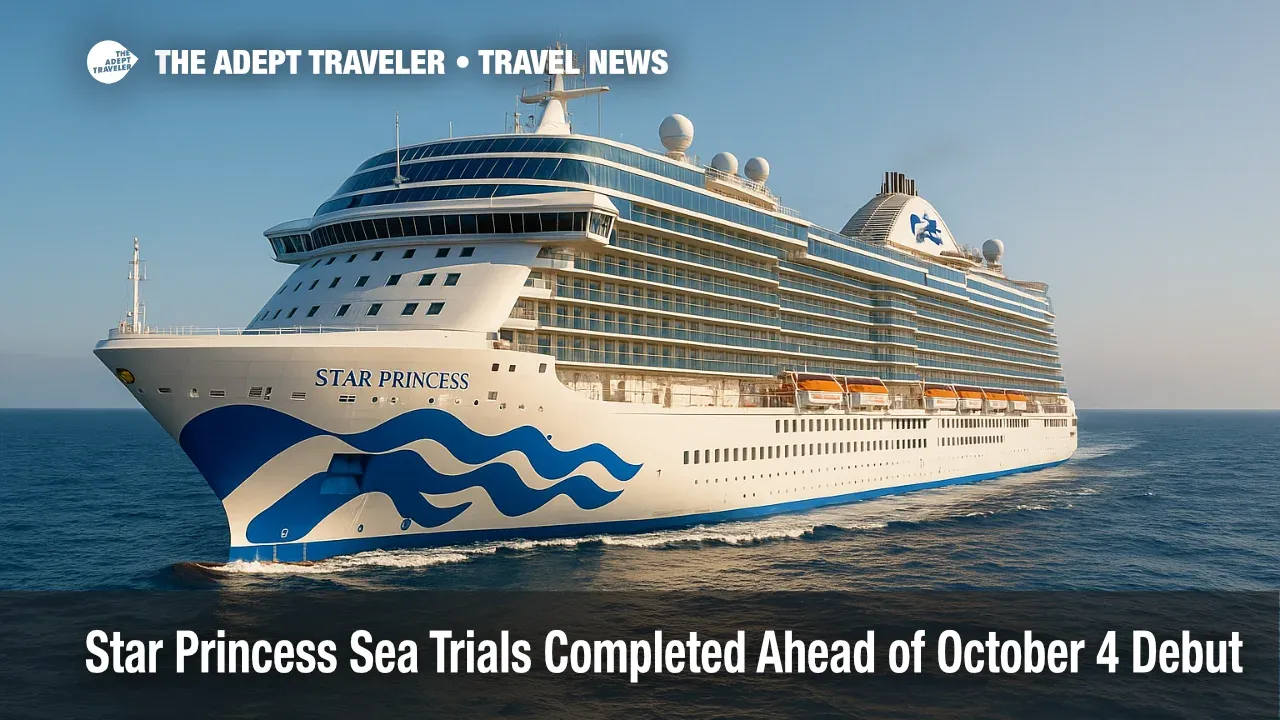 Star Princess on Adriatic sea trials off Monfalcone, highlighting Sphere class design and LNG propulsion during the Star Princess sea trials milestone.