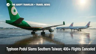 Rain sweeps across aircraft at Kaohsiung International Airport during Typhoon Podul, illustrating widespread Taiwan flights canceled and safety precautions.